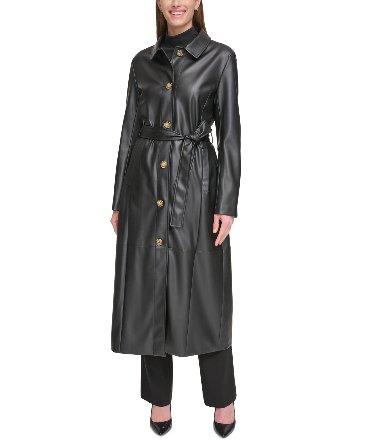 Calvin Klein Women's Belted Faux-leather Trench Coat In Black