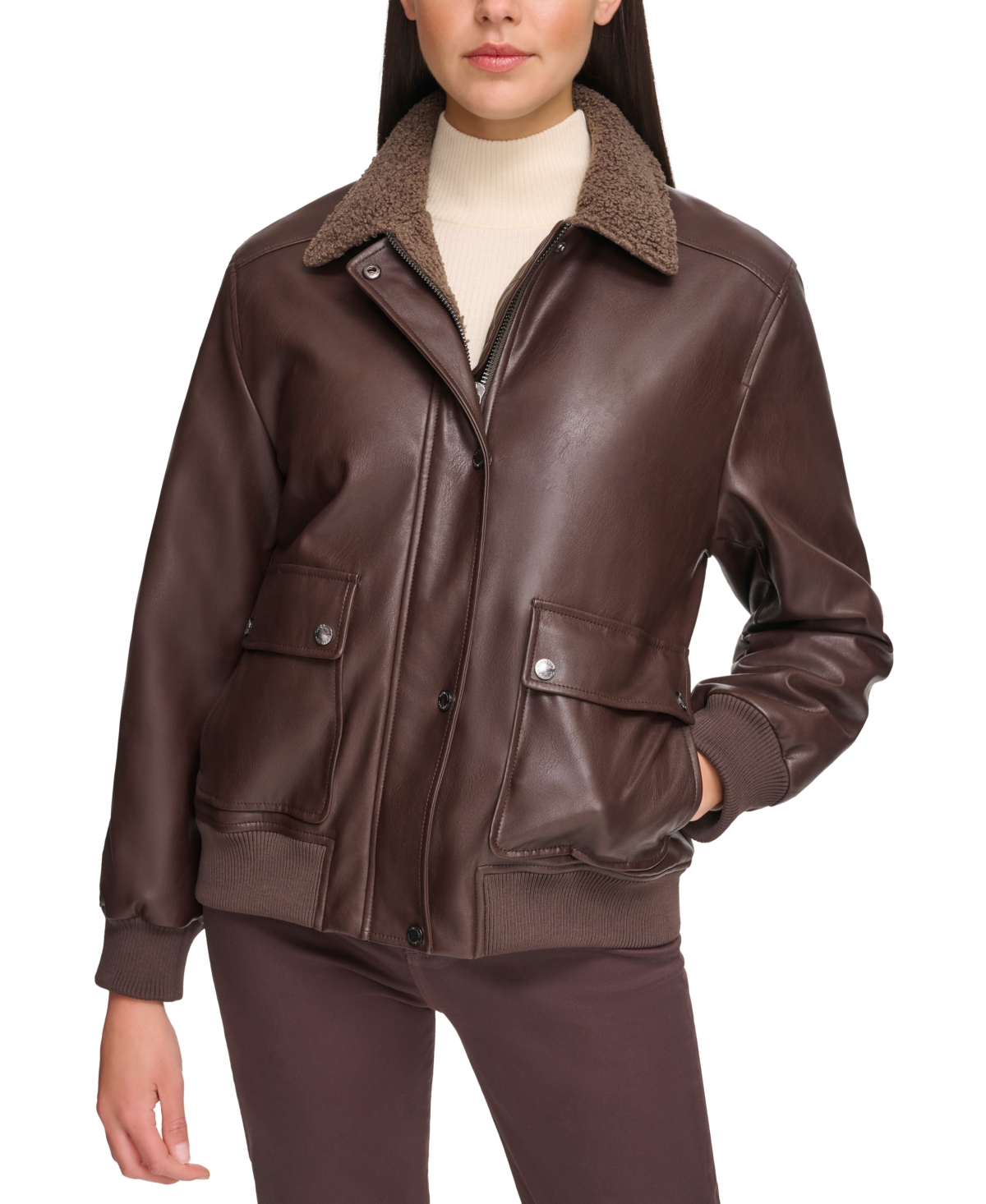 Calvin Klein Women's Faux-fur-collar Faux-leather Bomber Coat In Chocolate