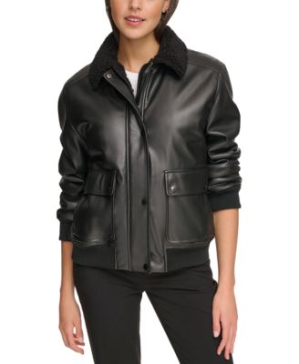 Calvin Klein Women's Faux-Fur-Collar Faux-Leather Bomber Coat - Macy's
