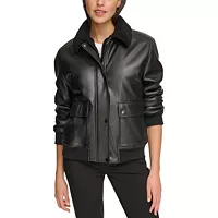 Calvin Klein Womens Faux-Fur Collar Faux-Leather Bomber Coat Deals