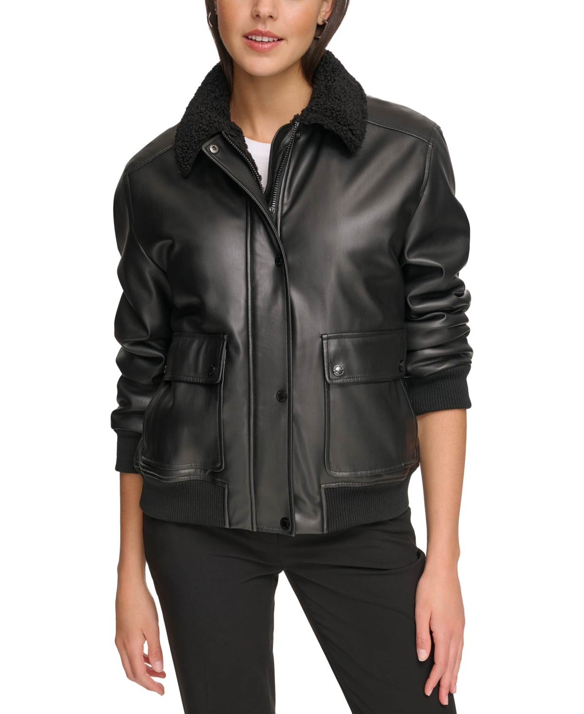 Calvin Klein Women's Faux-fur-collar Faux-leather Bomber Coat In Black