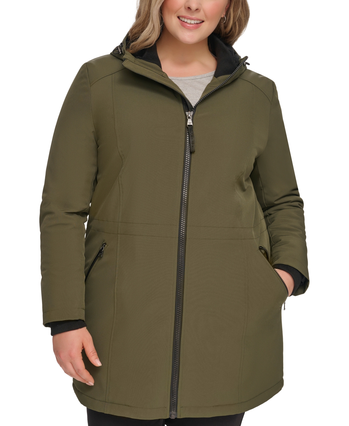 Shop Calvin Klein Womens Plus Size Hooded Faux-fur-lined Anorak Raincoat, Created For Macys In Olivine