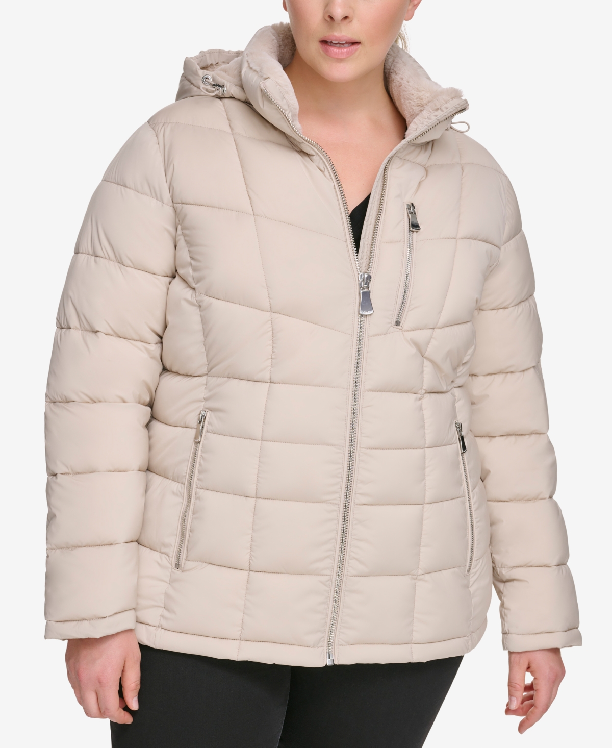 Calvin Klein Women's Plus Size Faux-fur-trim Hooded Puffer Coat, Created For Macy's In Smokey Taupe