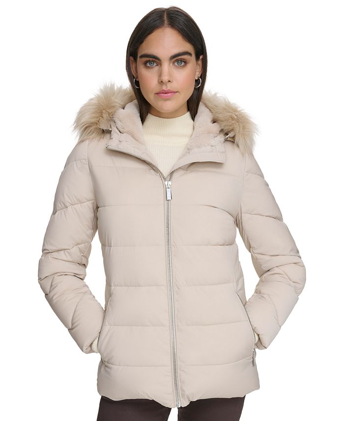 Calvin Klein Women's Stretch Faux-Fur-Trim Hooded Puffer Coat - Macy's