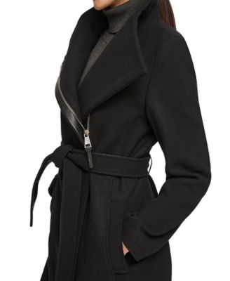 Women's Asymmetrical Belted Funnel-Neck Wool Blend Coat