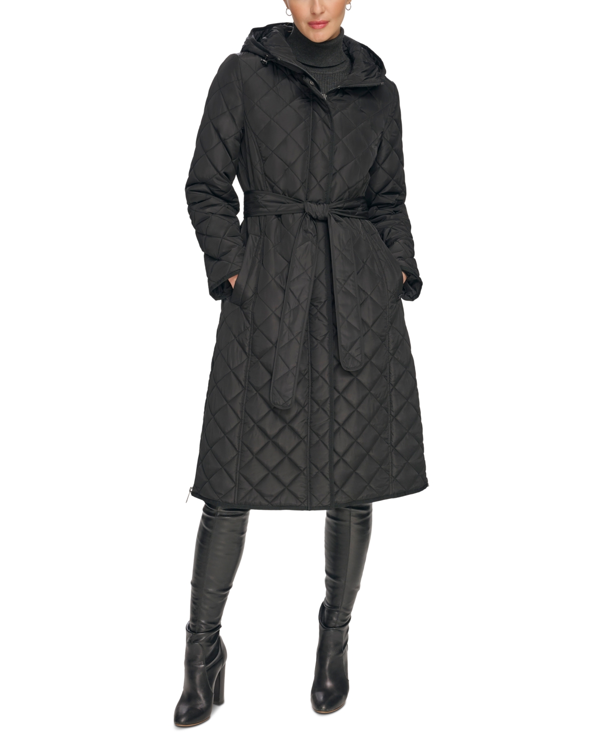 Shop Dkny Women's Hooded Belted Quilted Coat In Black