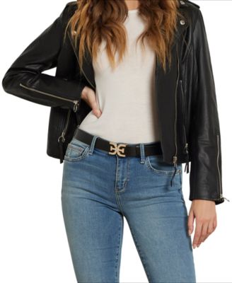 Women's Imitated Pearl Embellished Double-E Plaque Buckle Belt