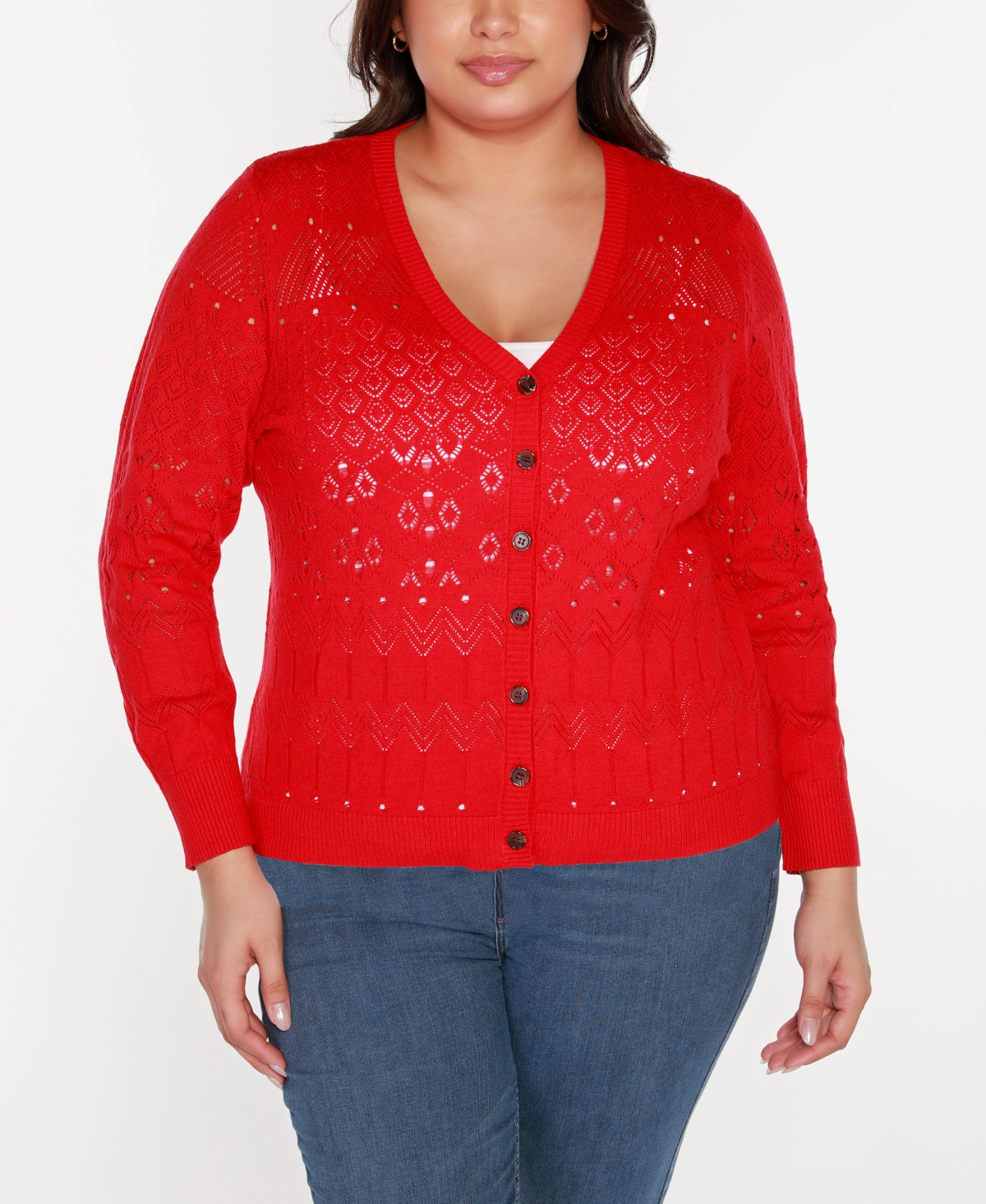 Belldini Black Label Plus Size Pointelle Button Front Cardigan Sweater In Infrared