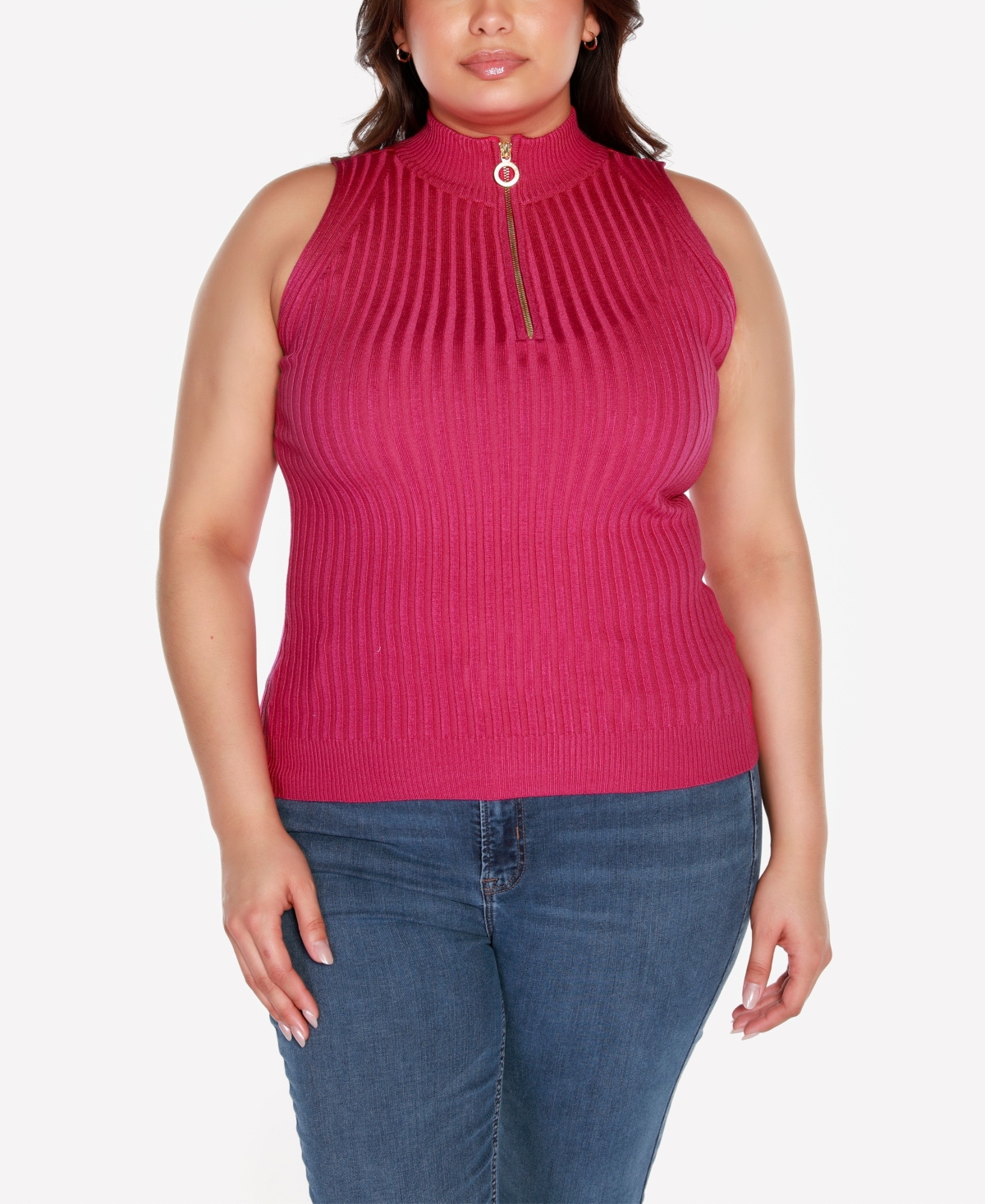 Belldini Black Label Plus Size Sleeveless Quarter Zip Sweater In Raspberry Beret
