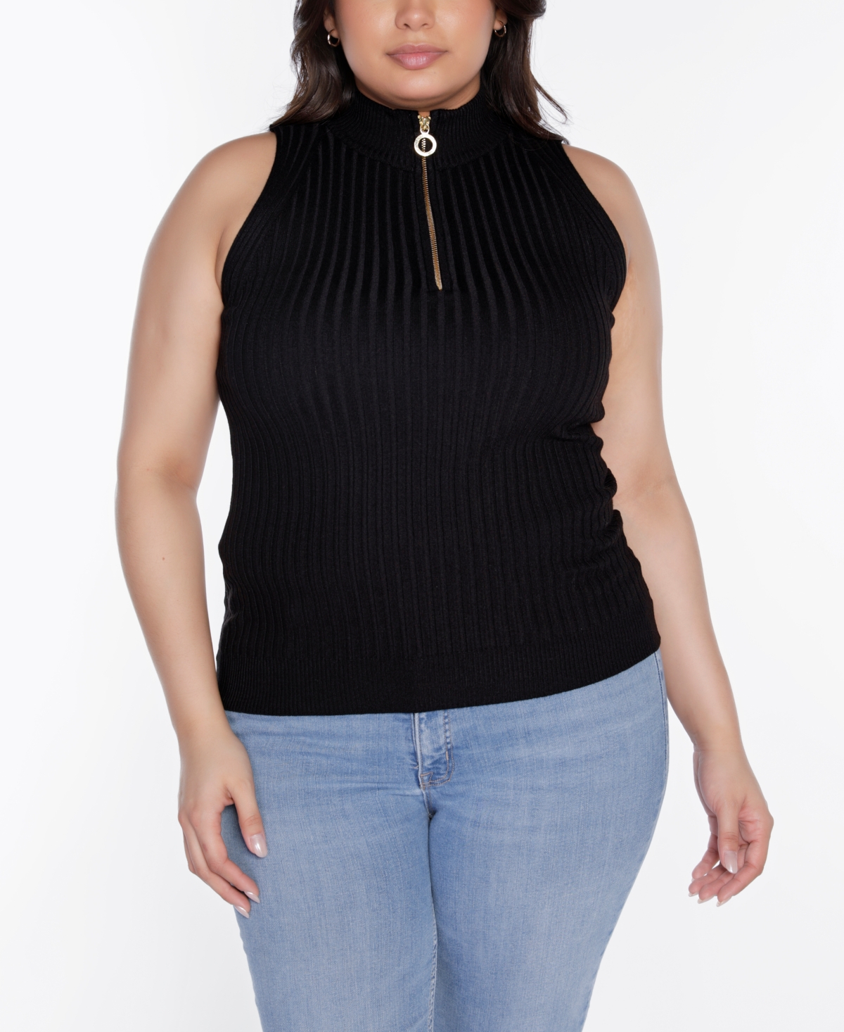 Black Label Plus Size Sleeveless Quarter Zip Sweater - White