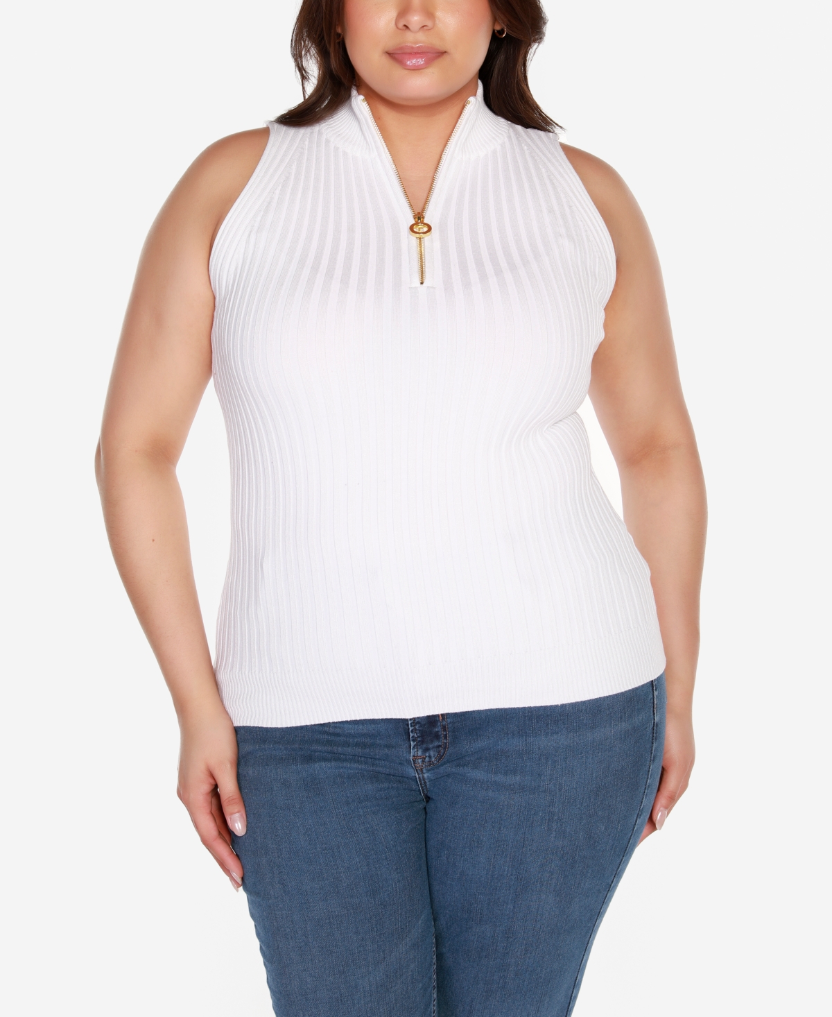 Belldini Black Label Plus Size Sleeveless Quarter Zip Sweater In White