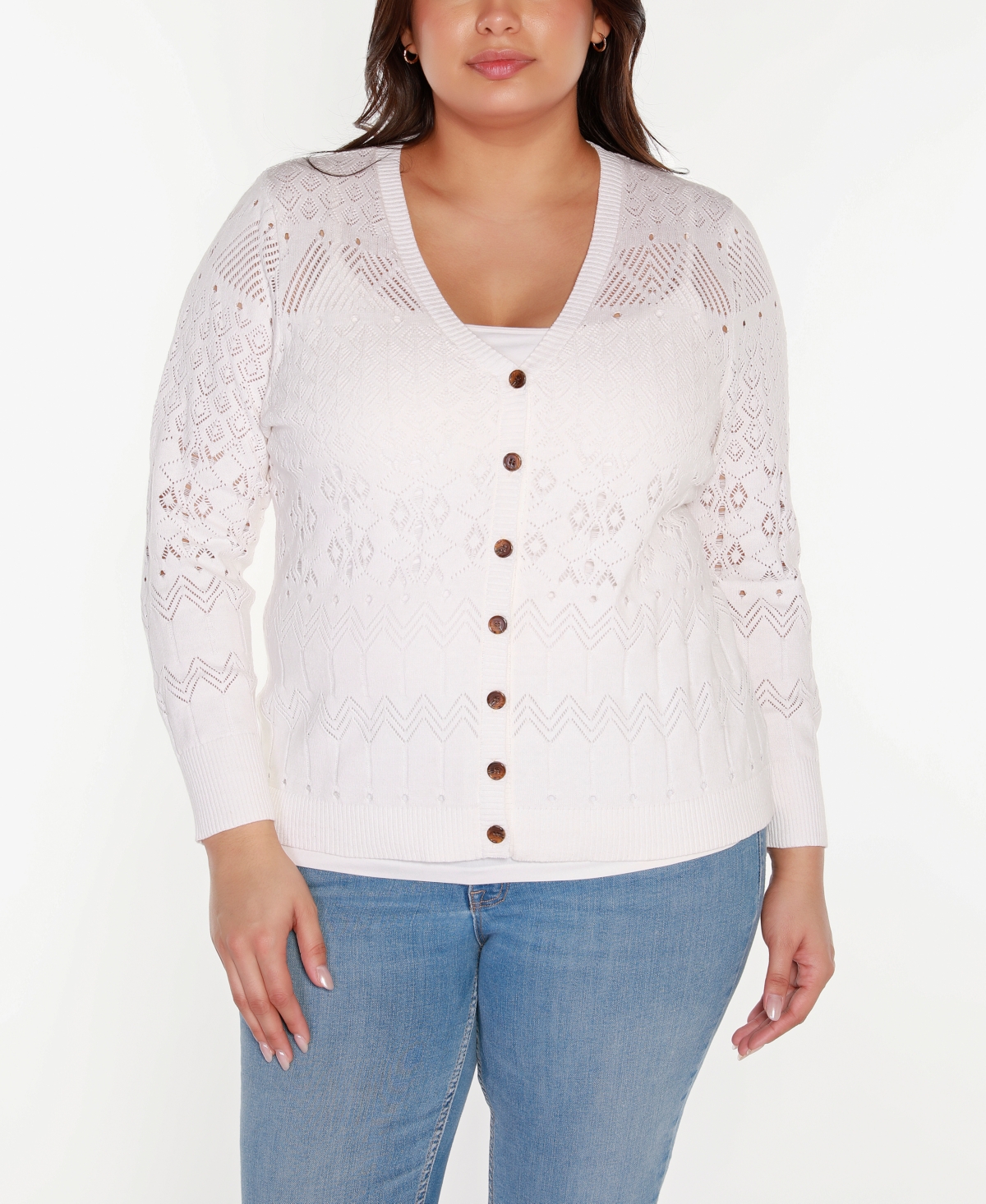 Belldini Black Label Plus Size Embellished Button Front Cardigan Sweater In White