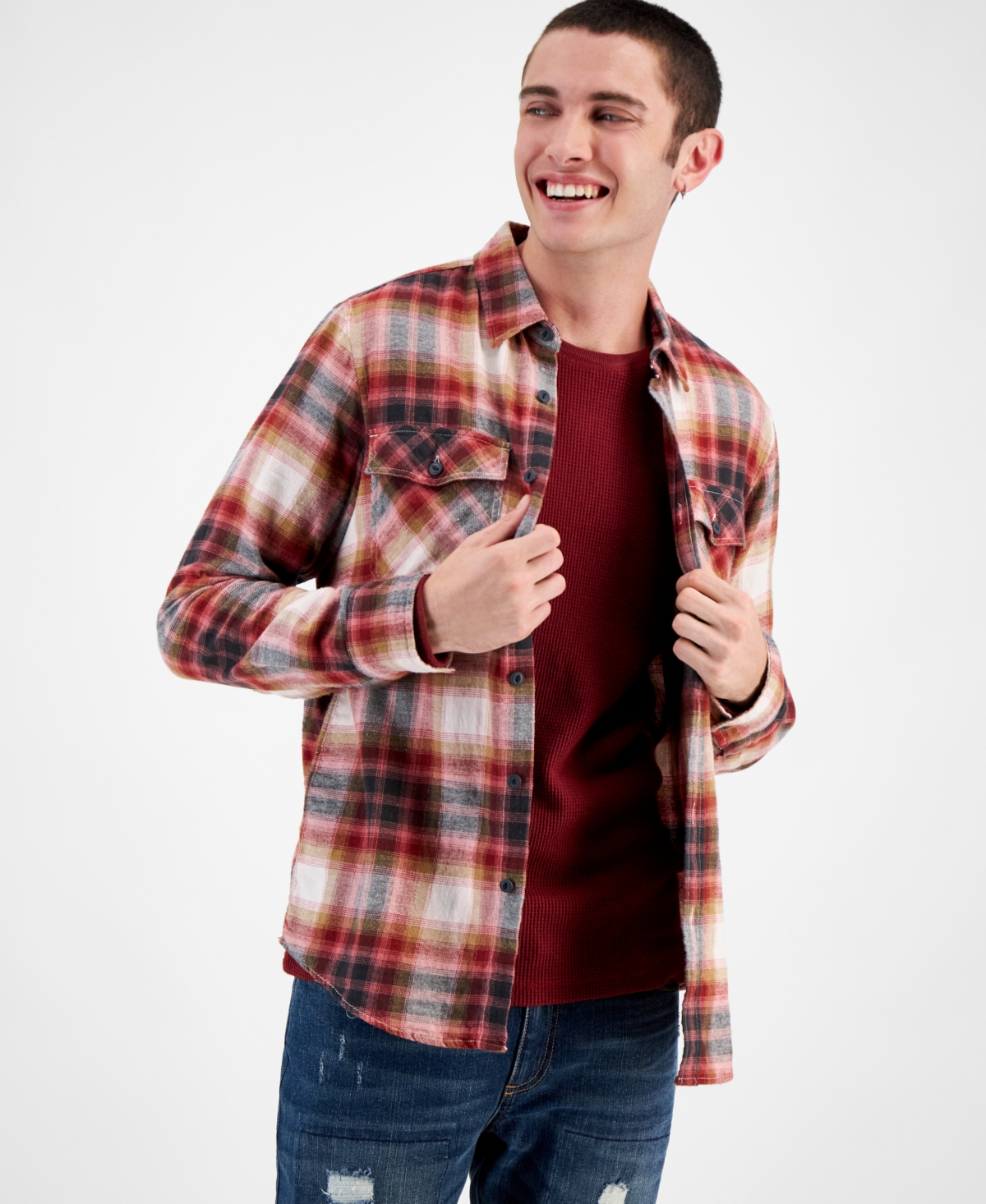Sun + Stone Men's Harry Regular-fit Plaid Button-down Flannel Shirt, Created For Macy's In Burnt Red