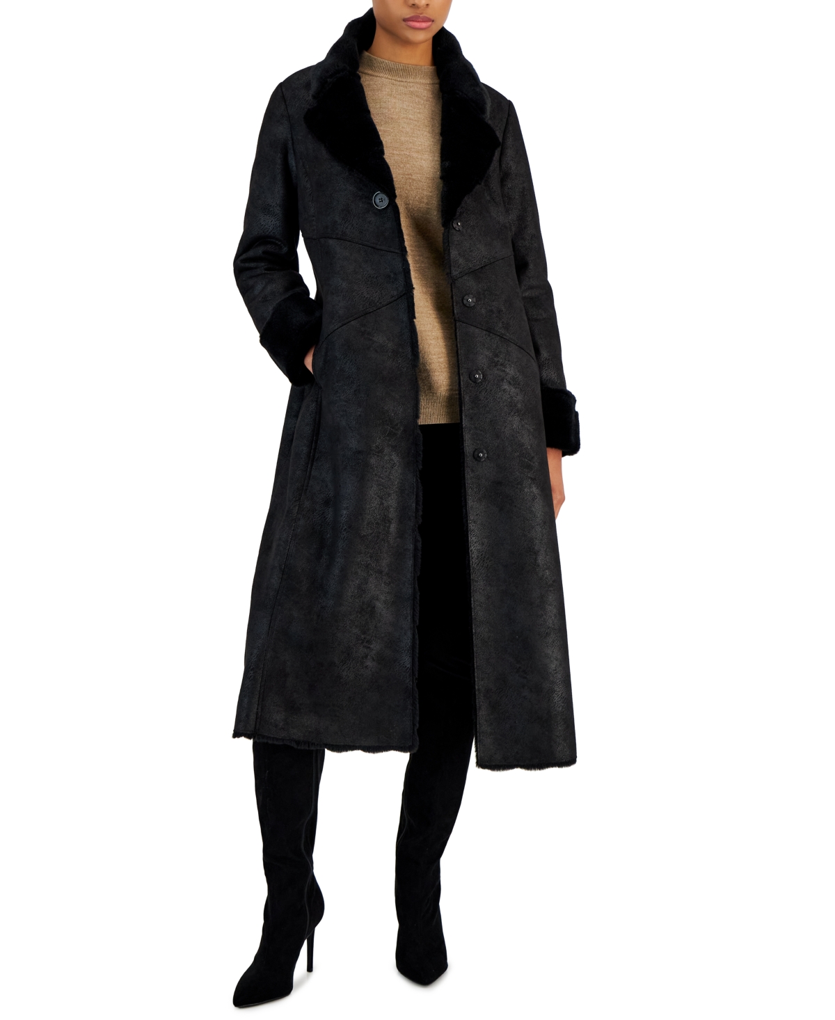 Women's Faux-Suede Faux-Fur-Lined Coat - Black