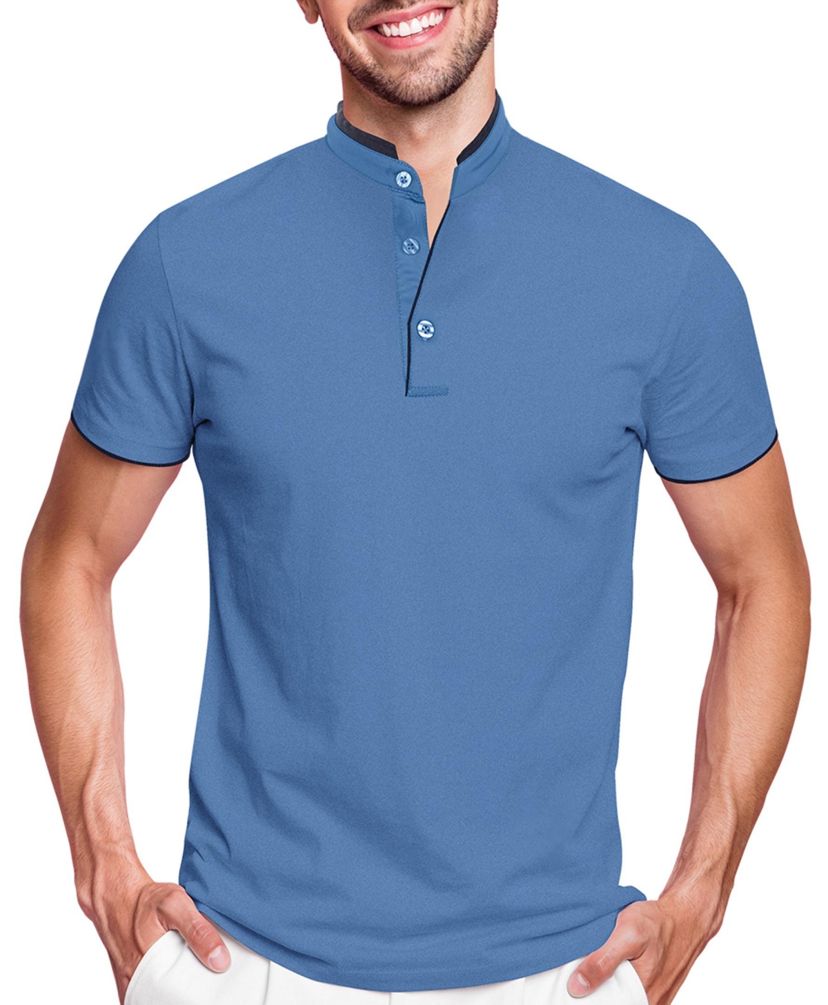 Men's Short Sleeve Henley Polo Shirt with Contrast-Trim - Sky blue