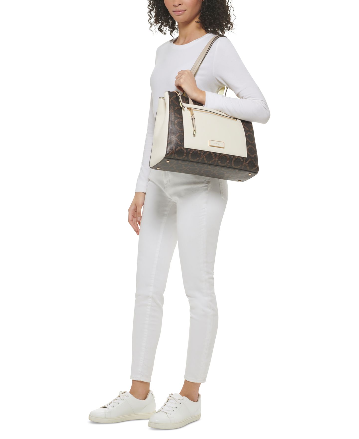 Женская сумка Calvin Klein Hadley Signature Colorblocked Triple Compartment Tote, цвет: Миндальный серо-коричневый / Белый — фото 6