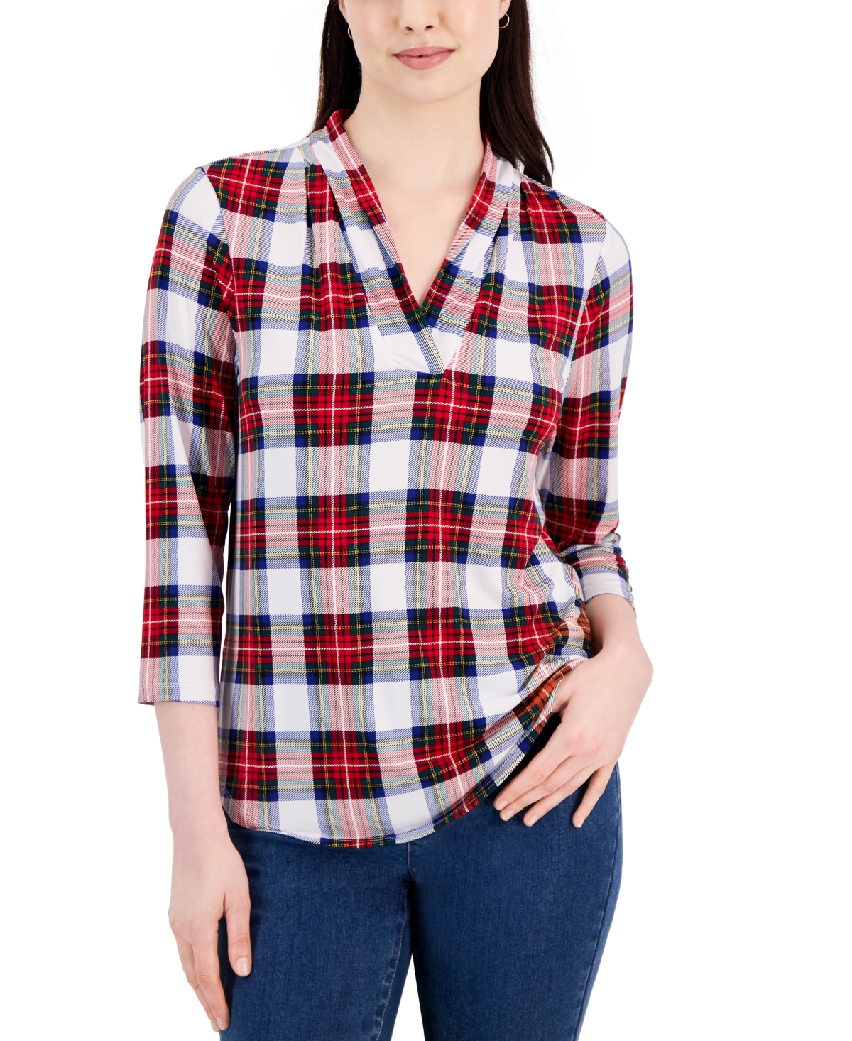 Plaid Pleated V-Neck Top, Created for Macy's - Bright White Combo