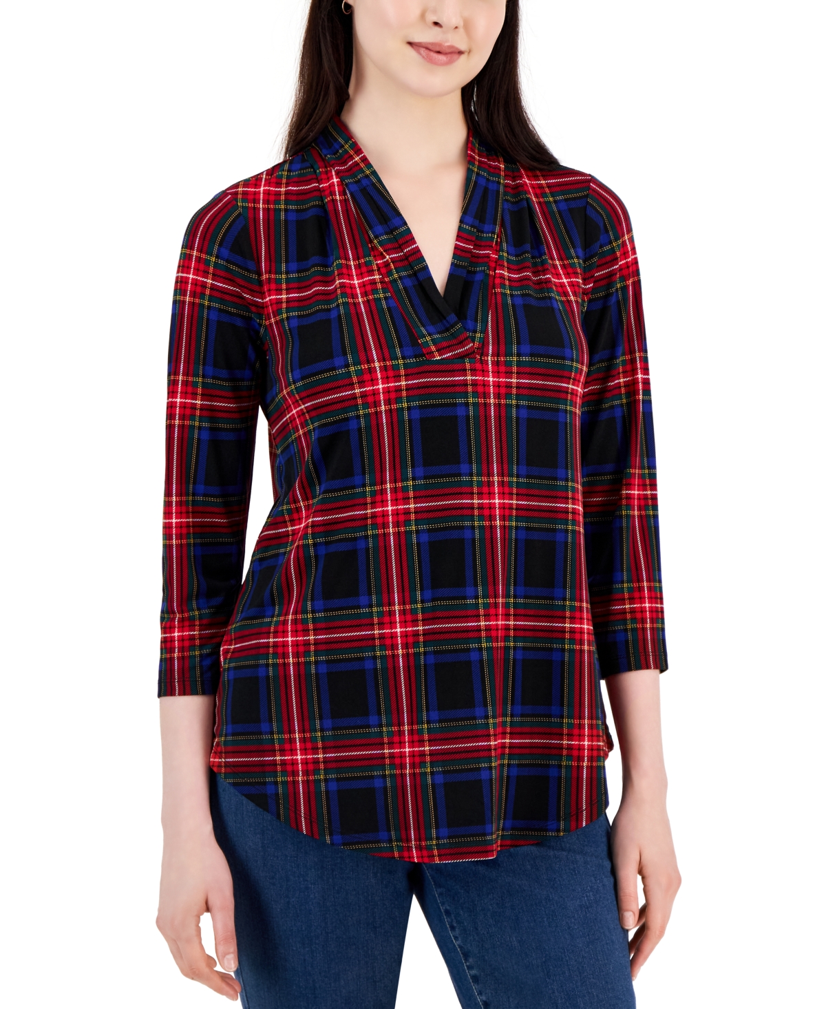 Charter Club Petite Plaid Pleated-neck 3/4-sleeve Top, Created For Macy's In Deep Black Combo