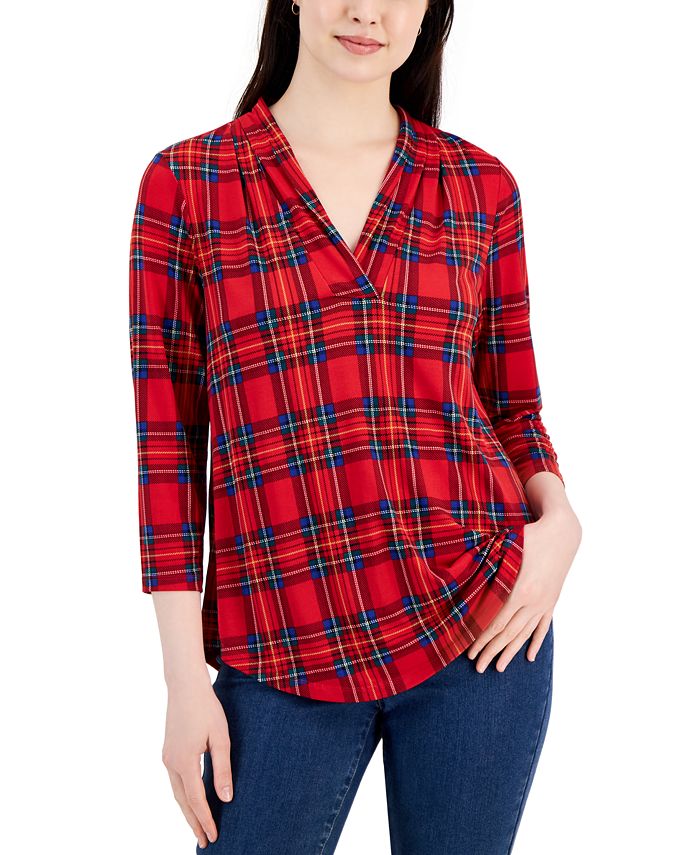 Charter Club Plaid Pleated V-Neck Top, Created for Macy's - Macy's