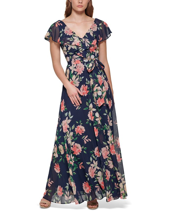 Eliza J Women's Floral-Print Flutter-Sleeve Chiffon Dress - Macy's