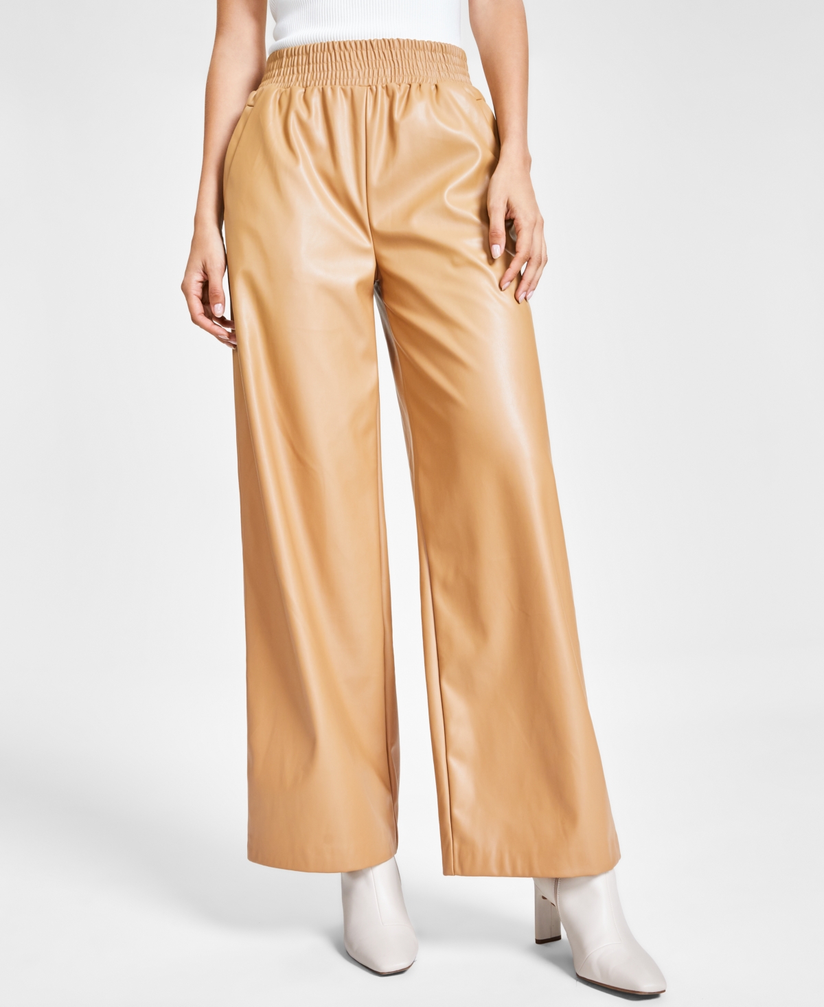 Bar Iii Women's Faux-leather Wide-leg Pants, Created For Macy's In Riviera Dune