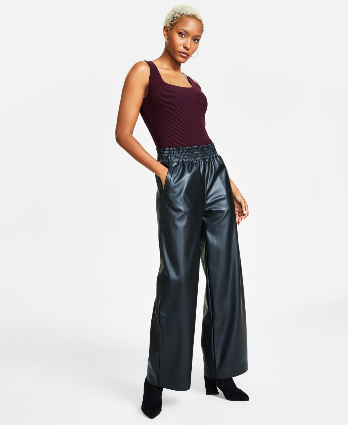 Bar Iii Women's Faux-leather Wide-leg Pants, Created For Macy's In Deep Black