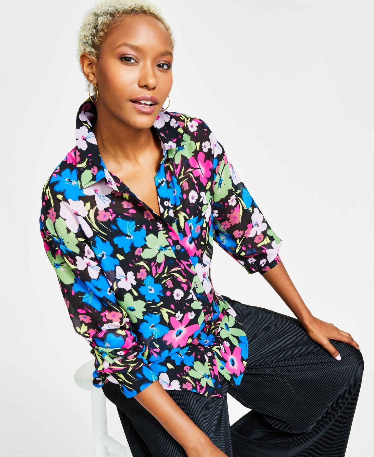 Women's Printed Chiffon Button-Up Blouse, Created for Macy's - Feathered Floral