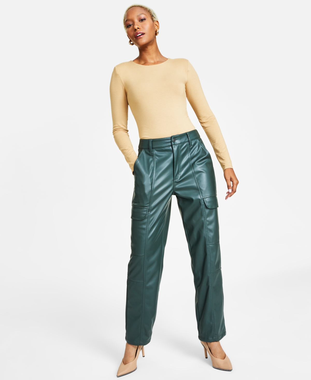 Bar Iii Women's Faux-leather Cargo Pants, Created For Macy's In Amazon Jungle