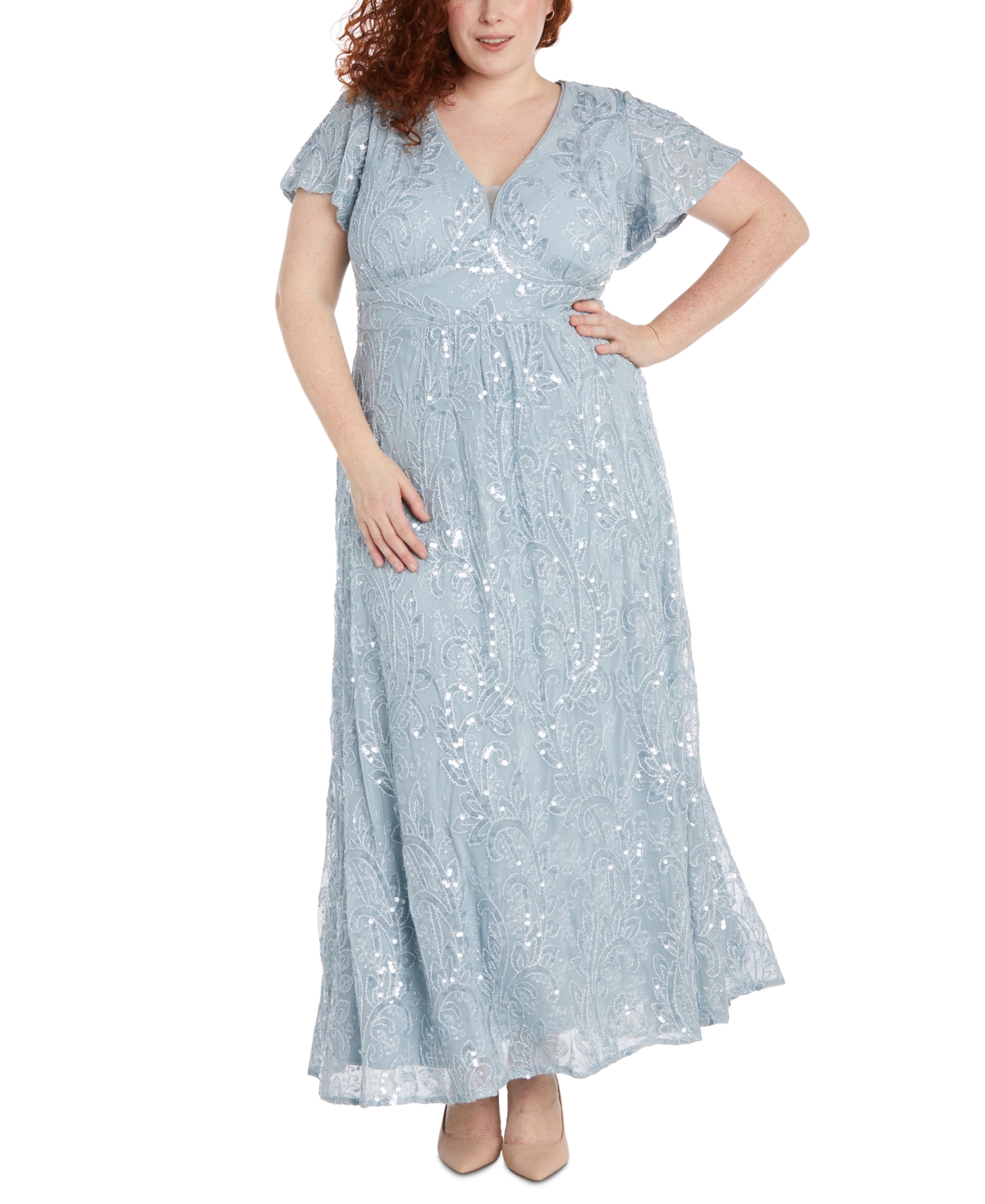 Plus Size Sequined Fit & Flare Gown - Light Blue