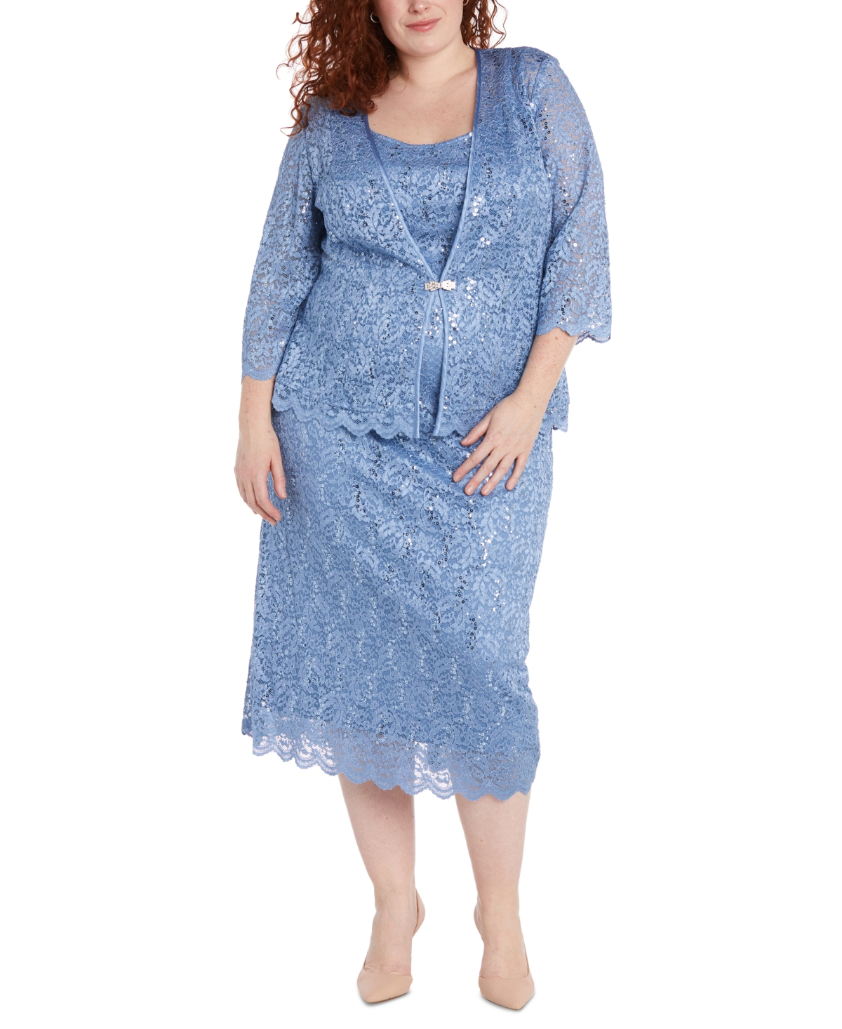 Plus Size 2-Pc. Sequined Lace Dress & Jacket Set - Dusty Blue