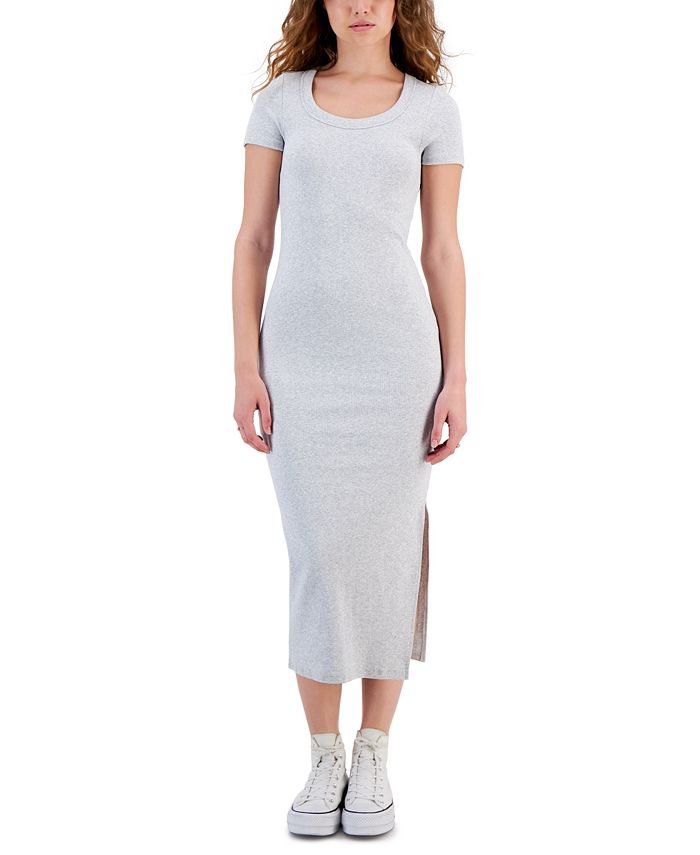 Cotton on Women's Ribbed Short-Sleeve Split Midi Dress - Light Gray Marle - Size 2XS
