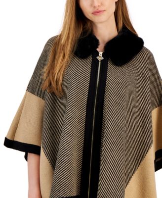 Anne Klein Faux-Fur Collar Zip-Front Poncho Sweater 