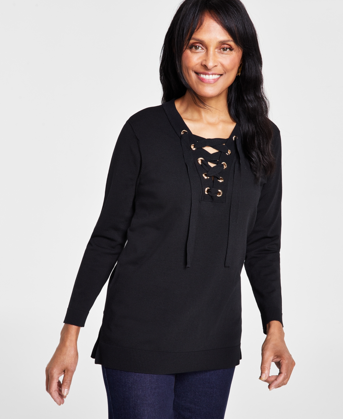 Shop Inc International Concepts Petite Lace-up Tunic Sweater, Created For Macy's In Deep Black