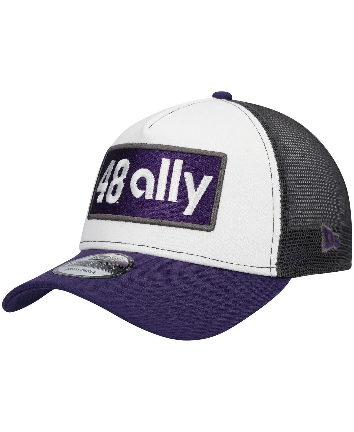 NEW ERA MEN'S NEW ERA WHITE, PURPLE ALEX BOWMAN DOUBLE PATCH 9FORTY A-FRAME TRUCKER SNAPBACK HAT