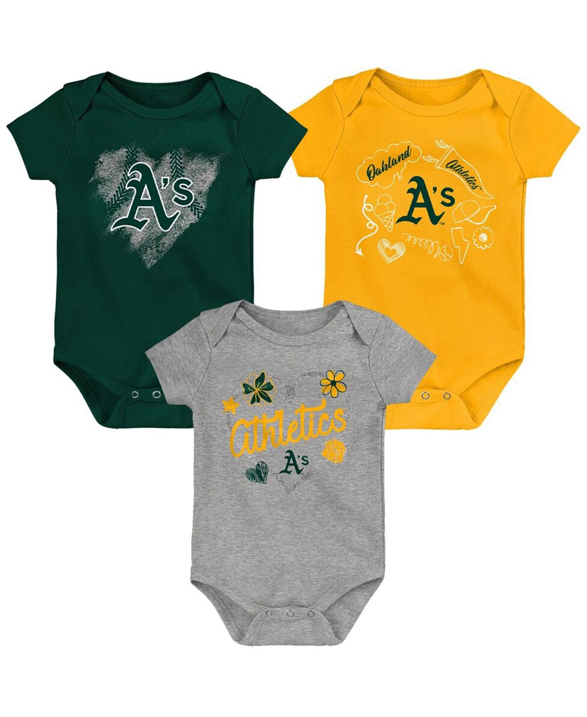 Outerstuff Girls Newborn And Infant Green, Gold, Heathered Gray Oakland Athletics 3-pack Batter Up Bodysuit Set In Green,gold,gray