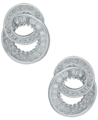 Silver-Tone Cubic Zirconia Double Circle Button Earrings