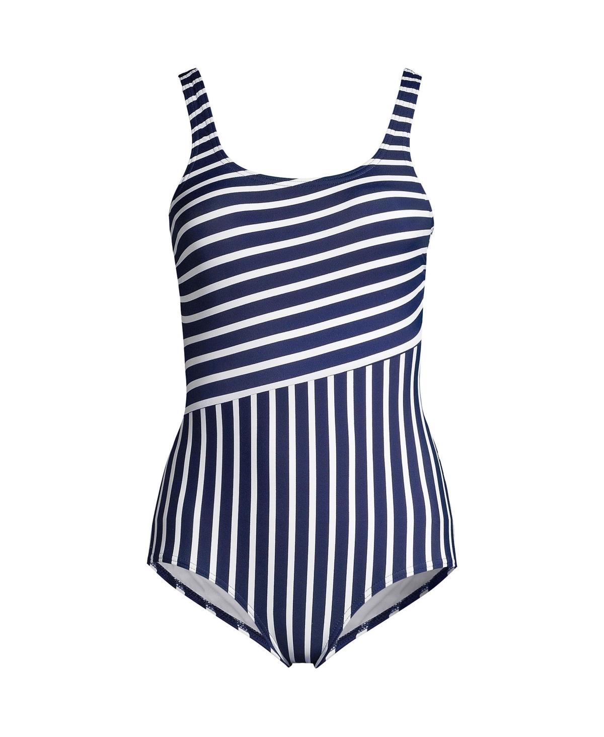 Lands' End Petite Chlorine Resistant Soft Cup Tugless Sporty One Piece Swimsuit -white media stripe