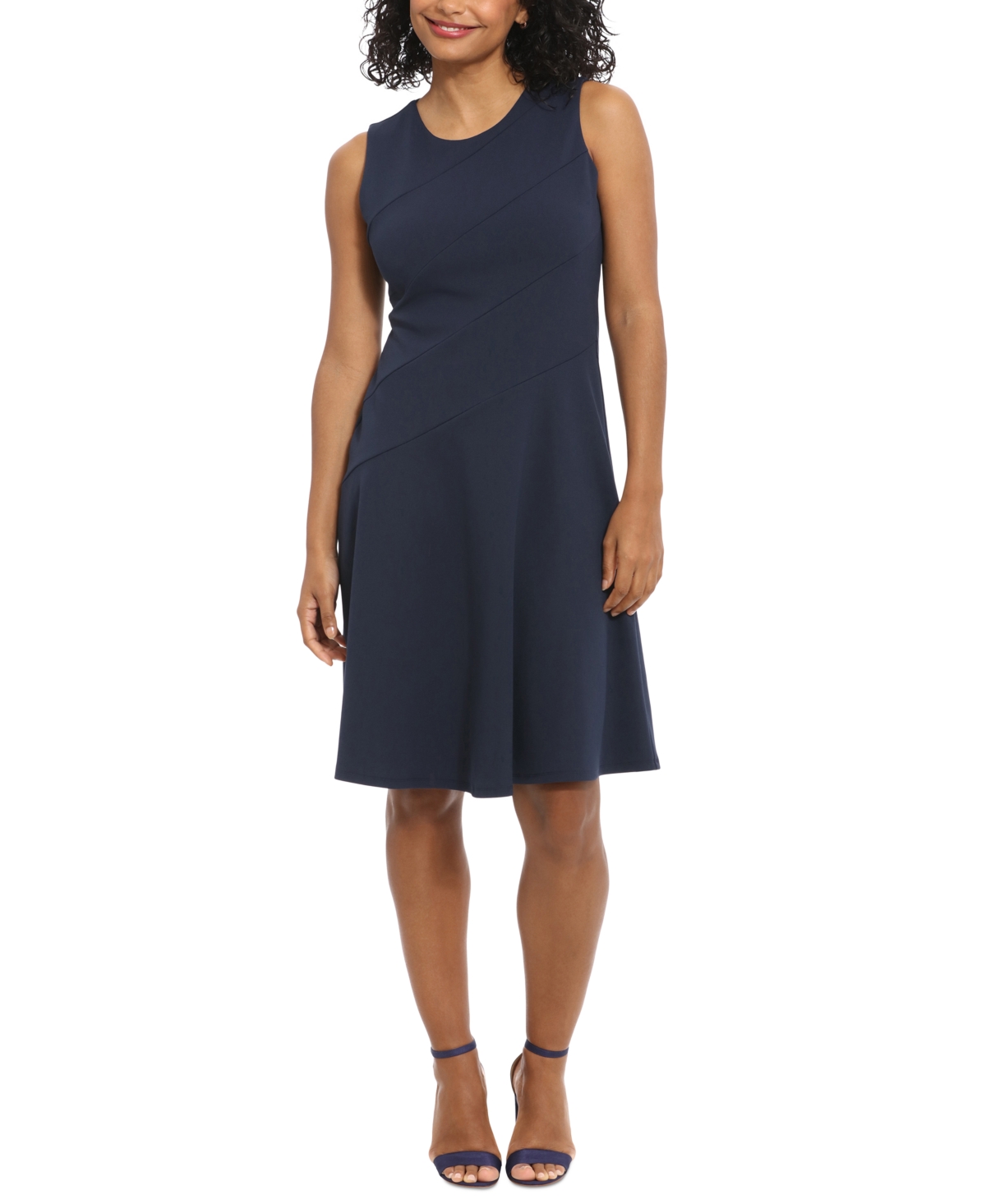 London Times Petite Bias-seamed Sleeveless Fit & Flare Dress In Navy