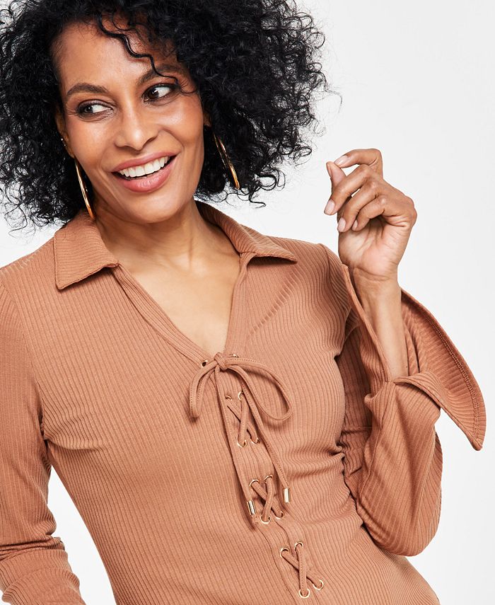 I.N.C. International Concepts Women's Ribbed LaceUp Top, Created for