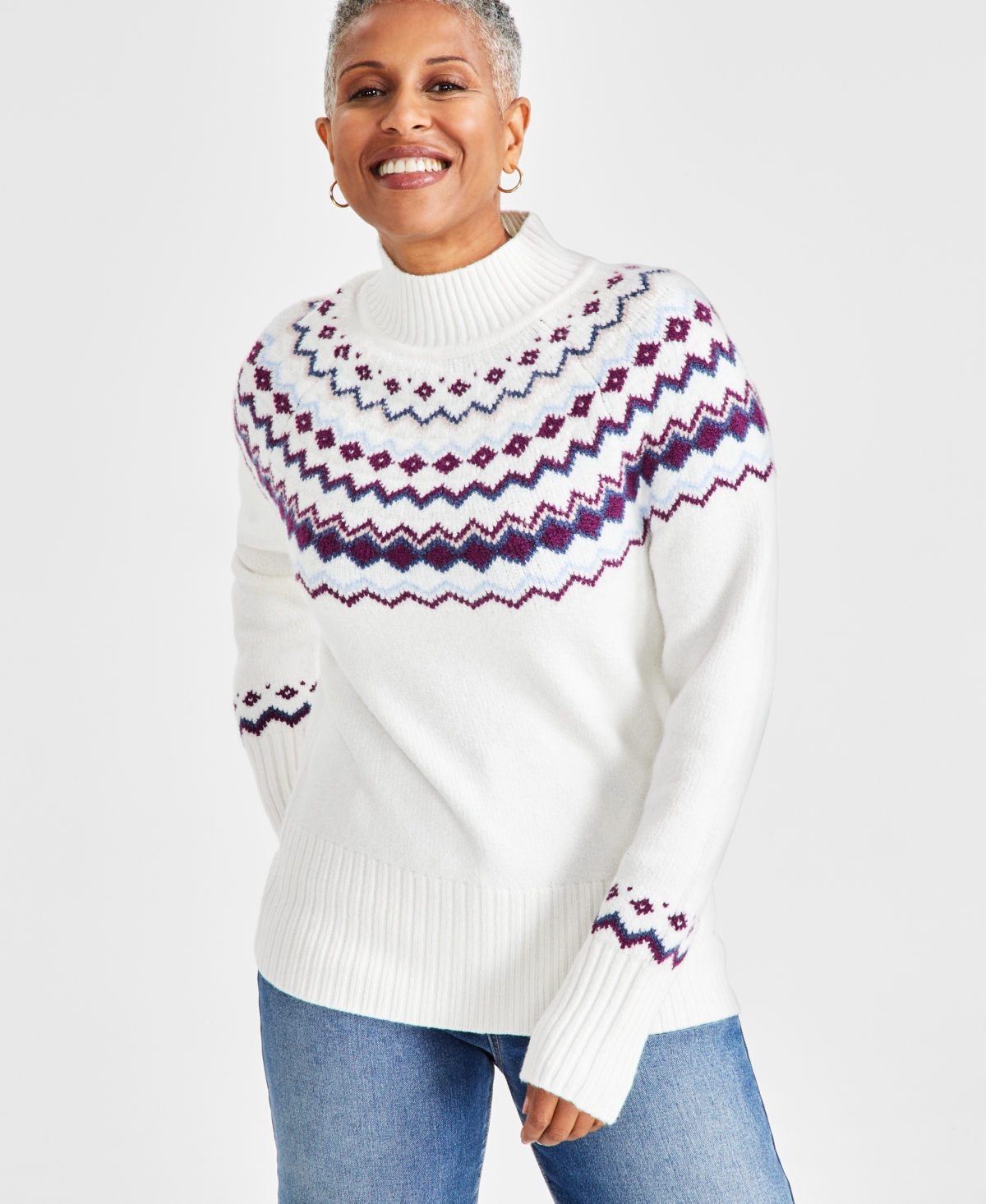 Style & Co Women's Fair Isle Mock-neck Sweater, Created For Macy's In Winter White