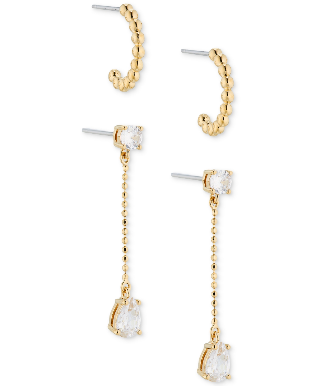 18k Gold-Plated 2-Pc. Set Granulated C-Hoop & Cubic Zirconia Ball Chain Linear Drop Earrings - Gold