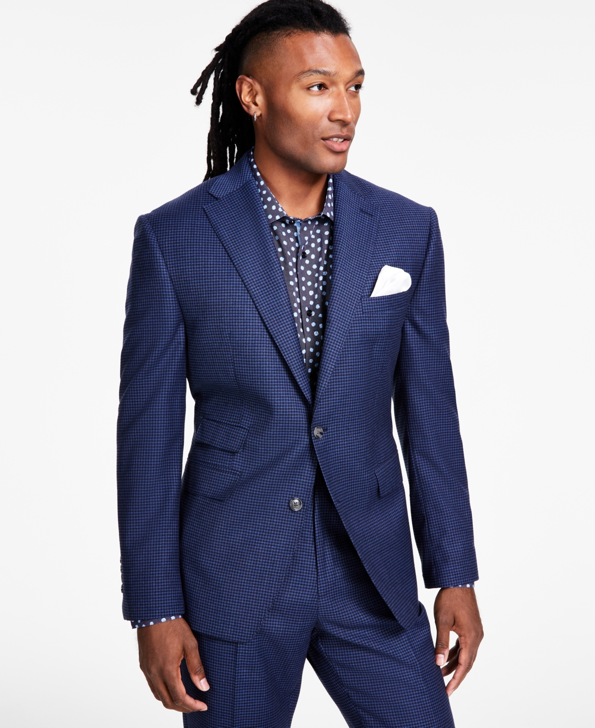 Men's Classic-Fit Stretch Navy Houndstooth Suit Separates Jacket - Navy Houndstooth
