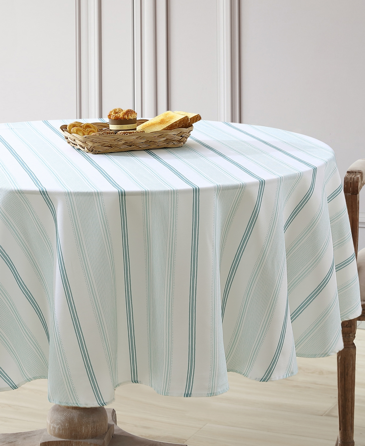 Laura Ashley Easy Care Tablecloth, 70" Round In Teal Stripe