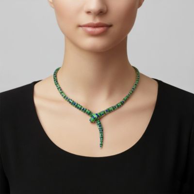 Enchanting Emerald Cubic Zirconia Snake Collar Necklace in 14k Yellow Gold Plating with Blue & Green Enamel