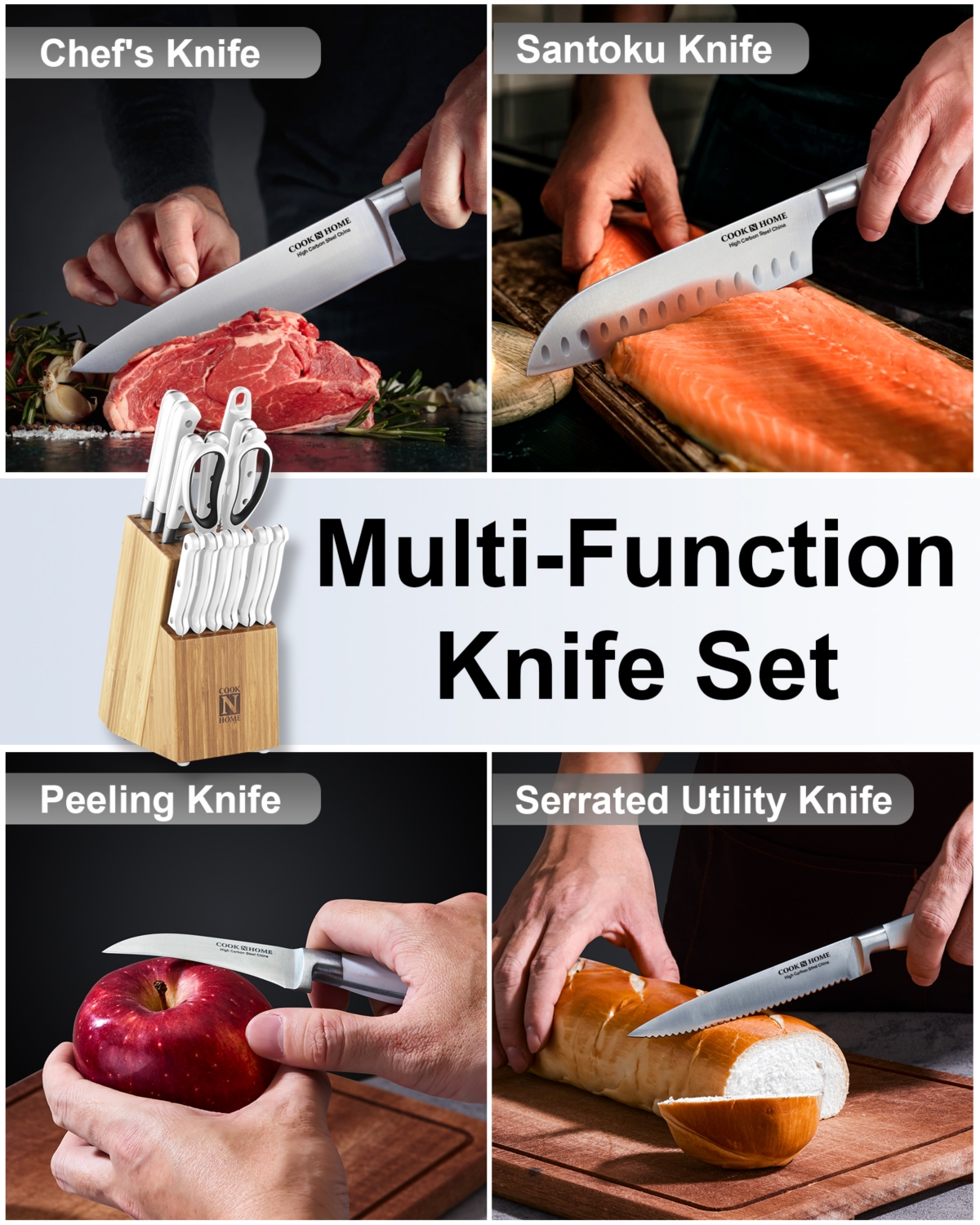Cook N Home Kitchen Knife Set with Bamboo Storage Block 15-Piece, High Carbon Stainless Steel Blade,- White