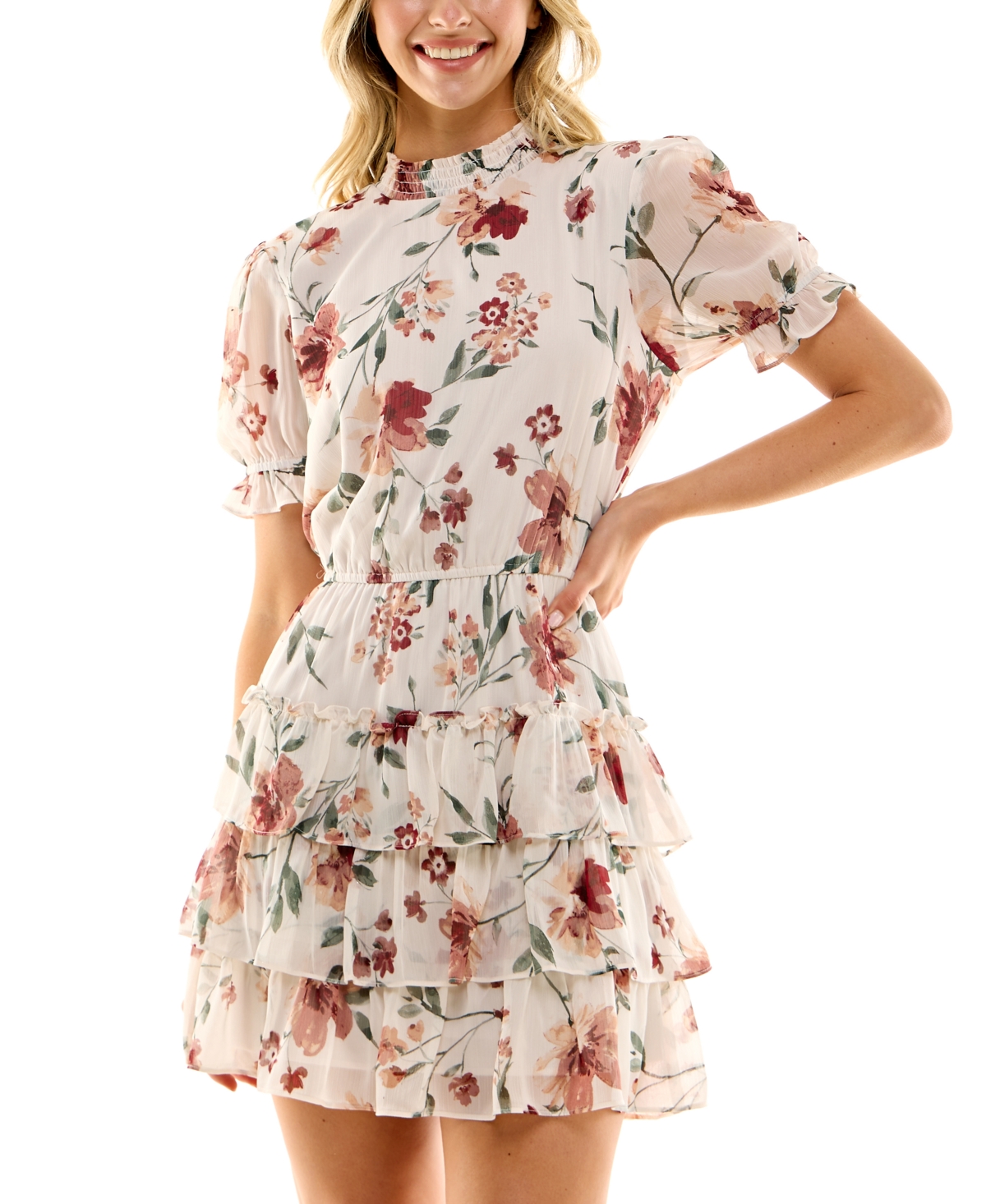 Crystal Doll Juniors' Mock Neck Ruffled Puff-sleeve Dress In White