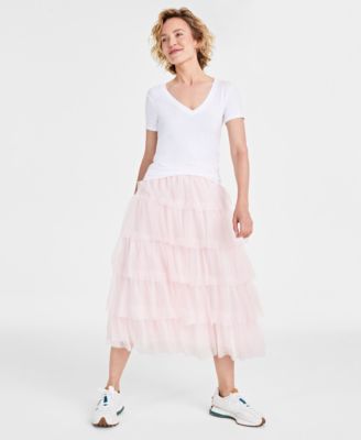 On 34th Womens Modal V Neck T Shirt Tulle Ruffle Midi Skirt Created For  Macys
