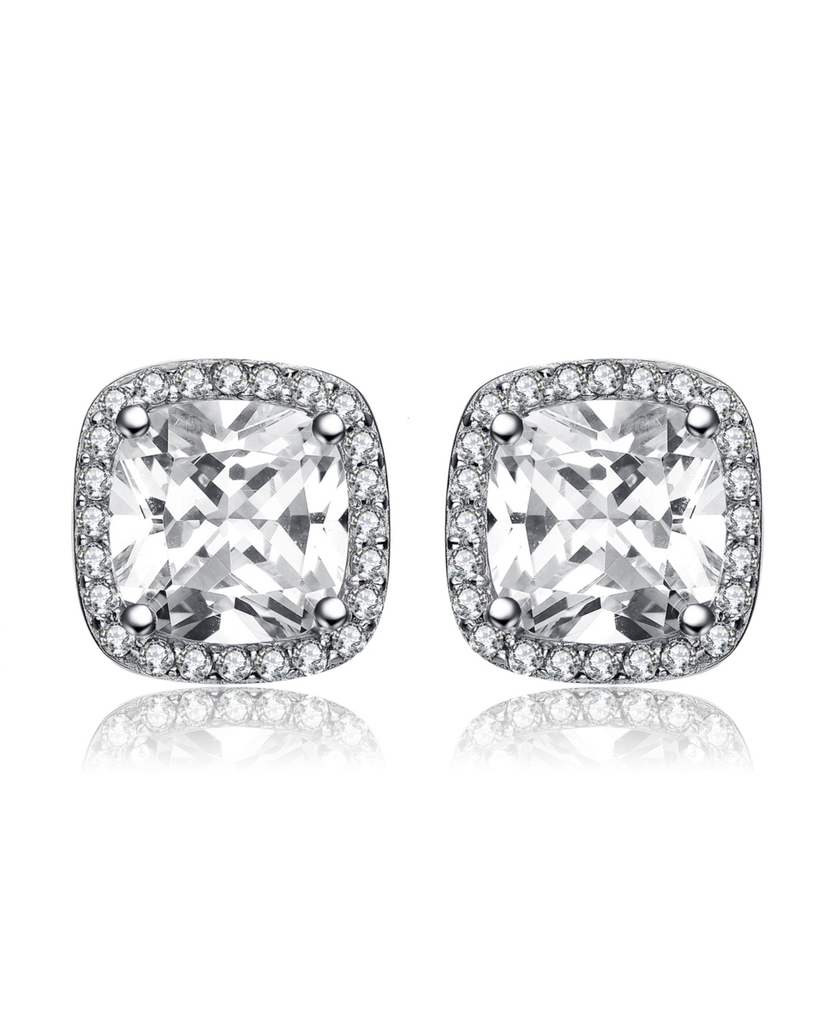 Genevive Sterling Silver Cubic Zirconia Vintage Cushion Cluster Halo Stud Earrings In White