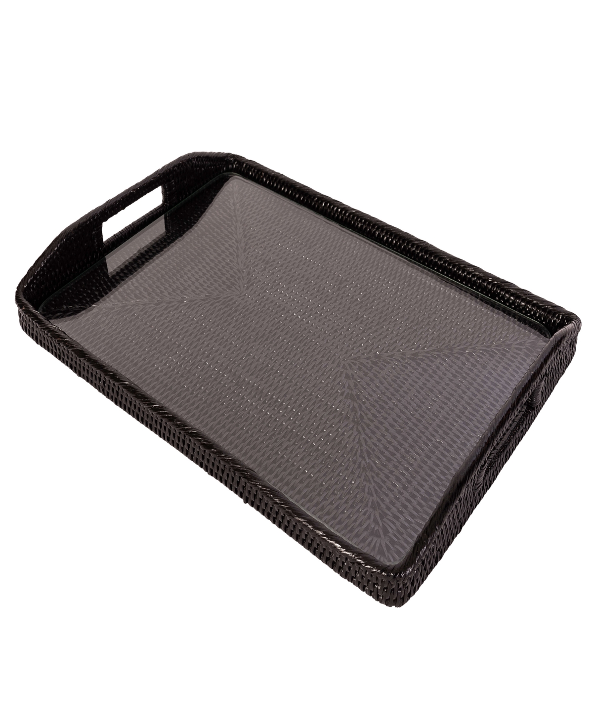 Artifacts Trading Company Artifacts Rattan Rectangular Tray With Glass Insert In Tudor Black