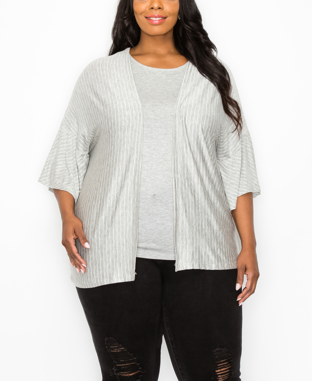 Plus Size Stripe Ruffle Sleeve Kimono Top - Heather Gray Ivory